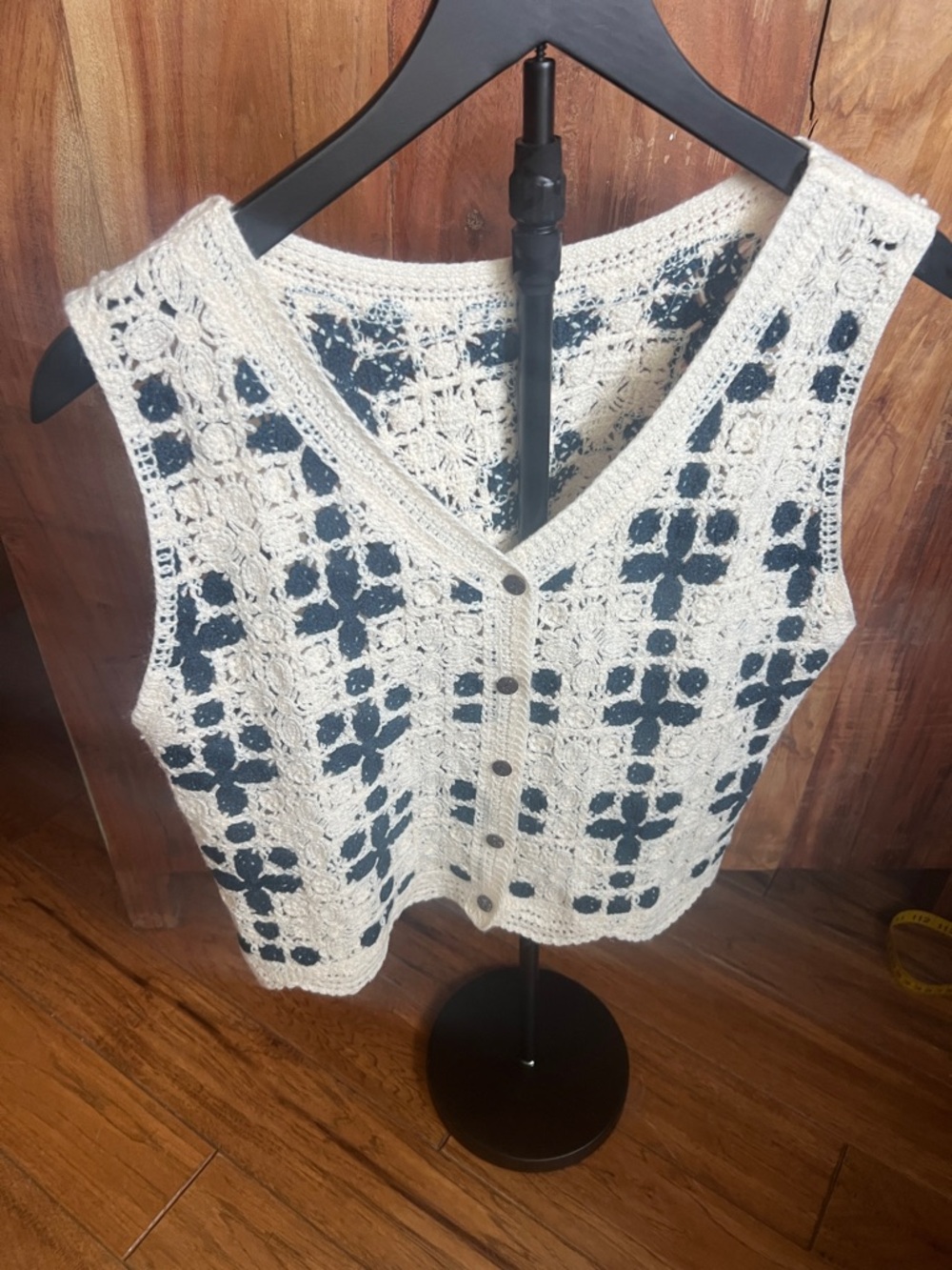 Crochet Overlay V-Neck Button Front Tank Top - Cream and Navy
